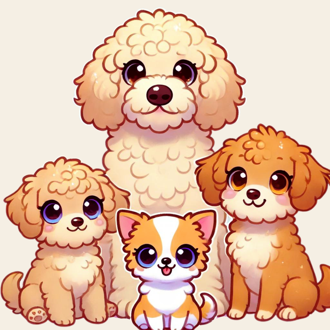 an ai generated photo of Sammy's four dogs in kawaii style